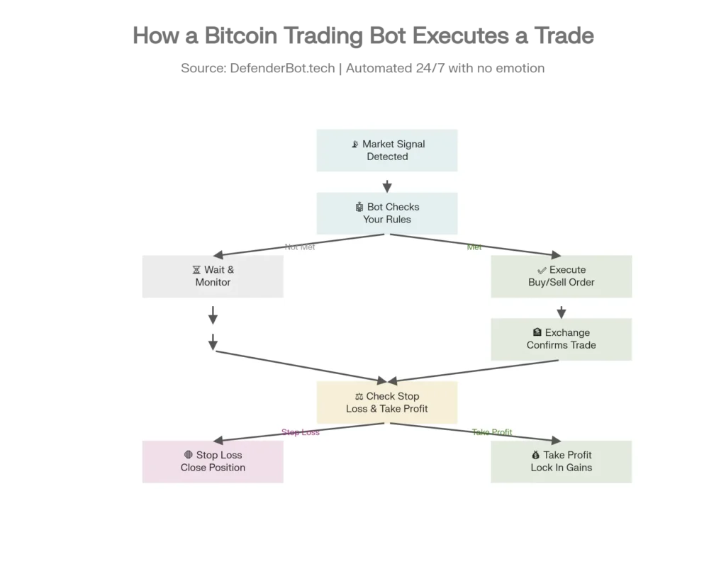 Flowchart showing how a bitcoin trading bot detects market signals, checks trading rules, executes buy and sell orders, and manages stop loss and take profit automatically